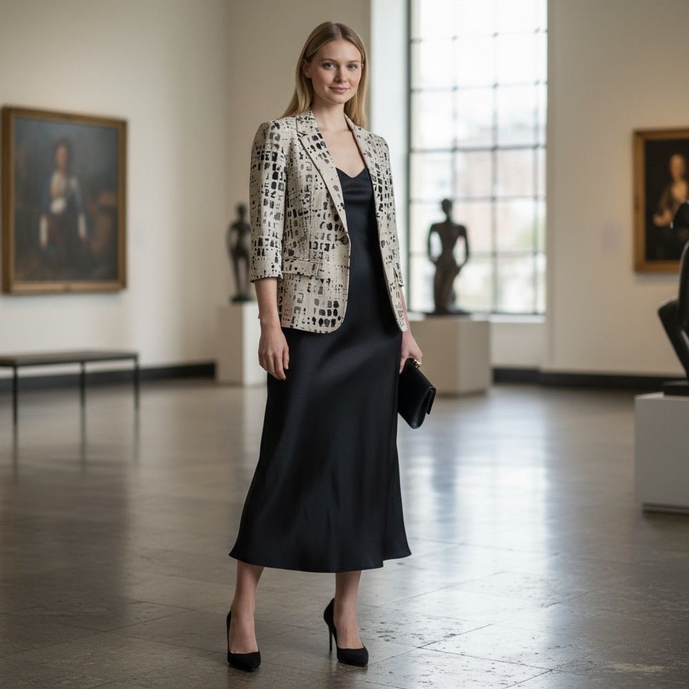 COLDWATER CREEK Print Blazer Jacket 12 White Black Linen Blend 3/4 Sleeve - Picture 2 of 16
